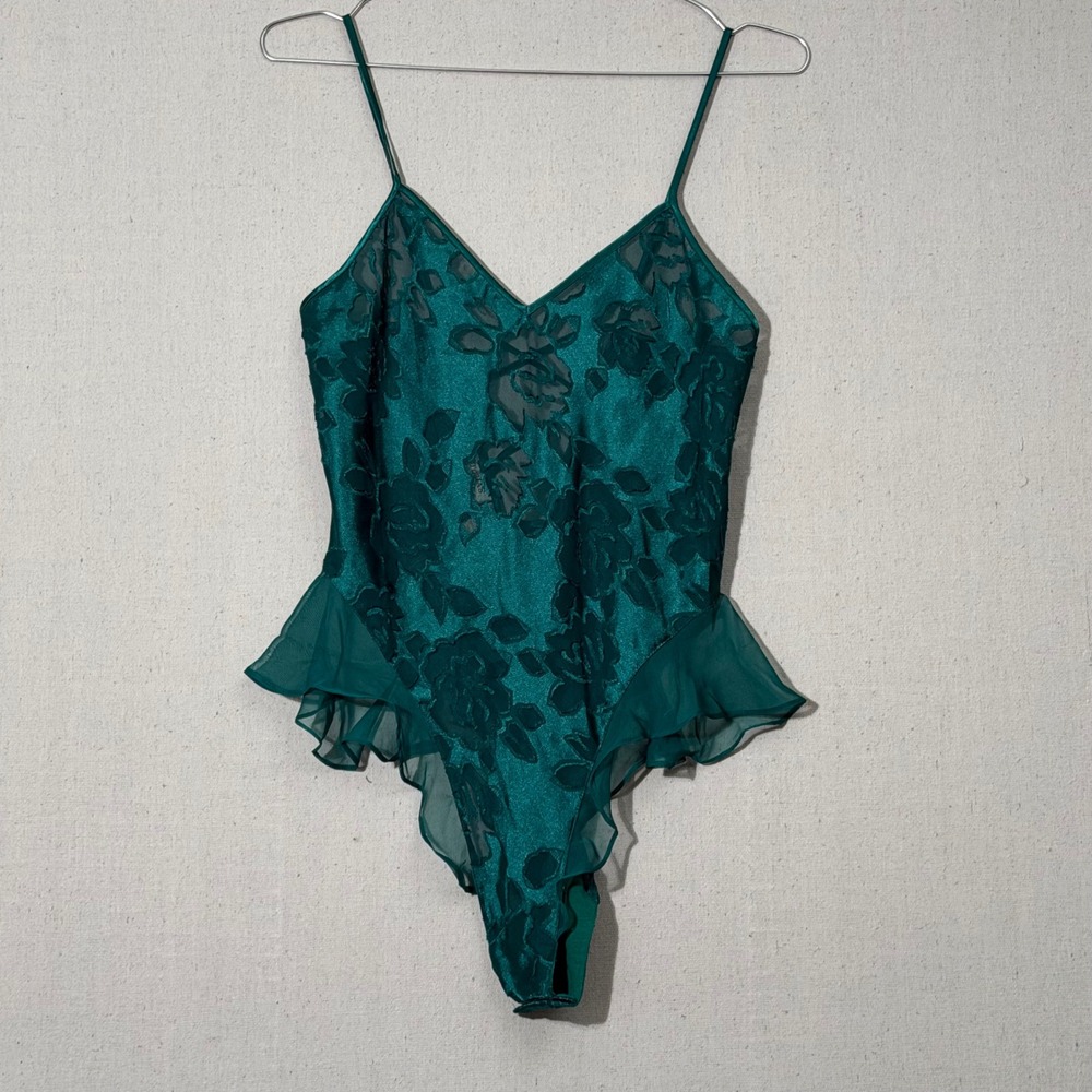 Victoria's Secret Teddy Women P Emerald Green Vintage Gold Label Floral Ruffle